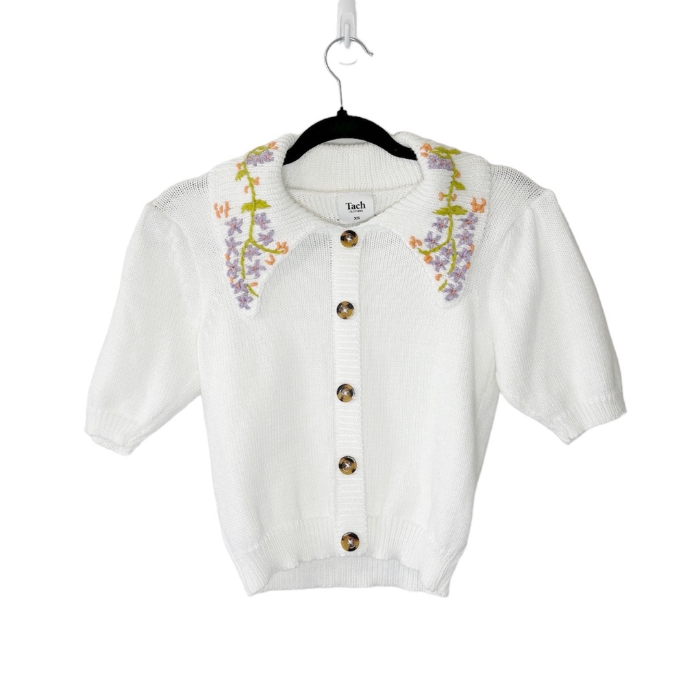 Tach Floral Embroidered Knit Polo Collar Cardigan Top XS